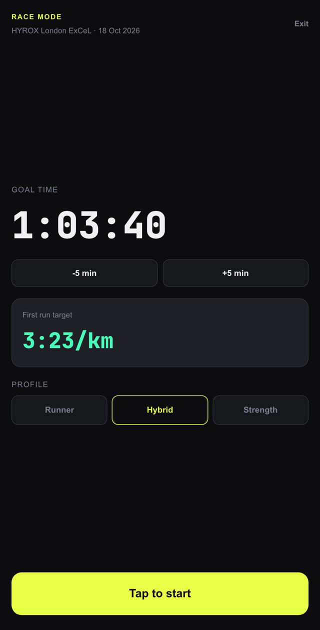 KRATOS race mode — goal time 1:03:40, first run 3:23/km